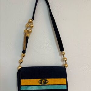 Vintage Velvet Blue and Gold Shoulder Bag
